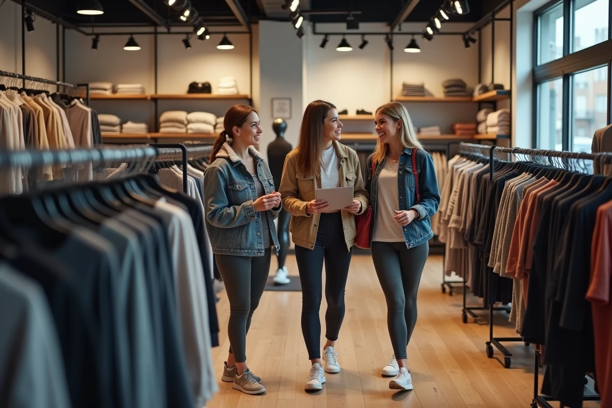 Trois femmes achetant des leggings dans un magasin moderne