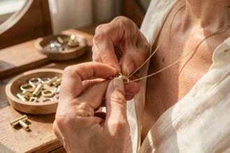 Femme fermant un fermoir mousqueton doré sur un collier fin, avec différents types de fermoirs pour bijoux visibles en arrière-plan