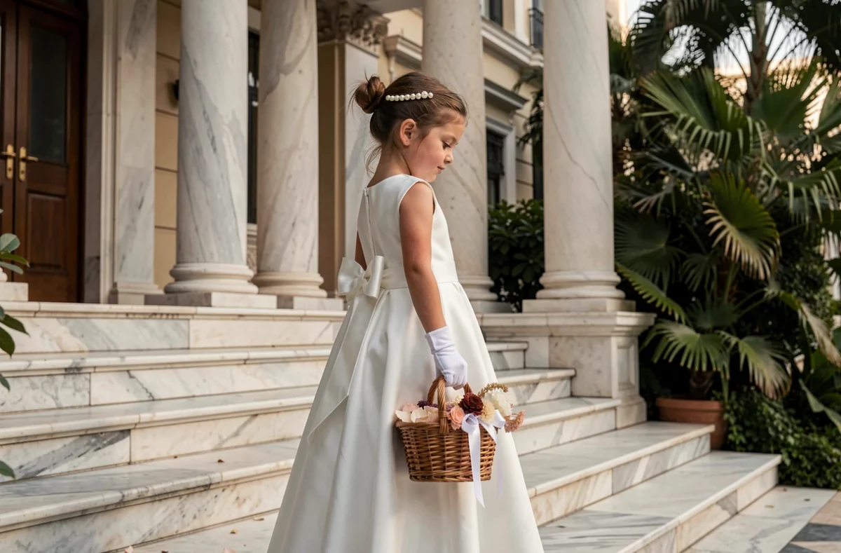 Fillette en robe blanche satin de cérémonie tenant un panier décoré de rubans, avec gants blancs et barrette en perles sur des marches en marbre