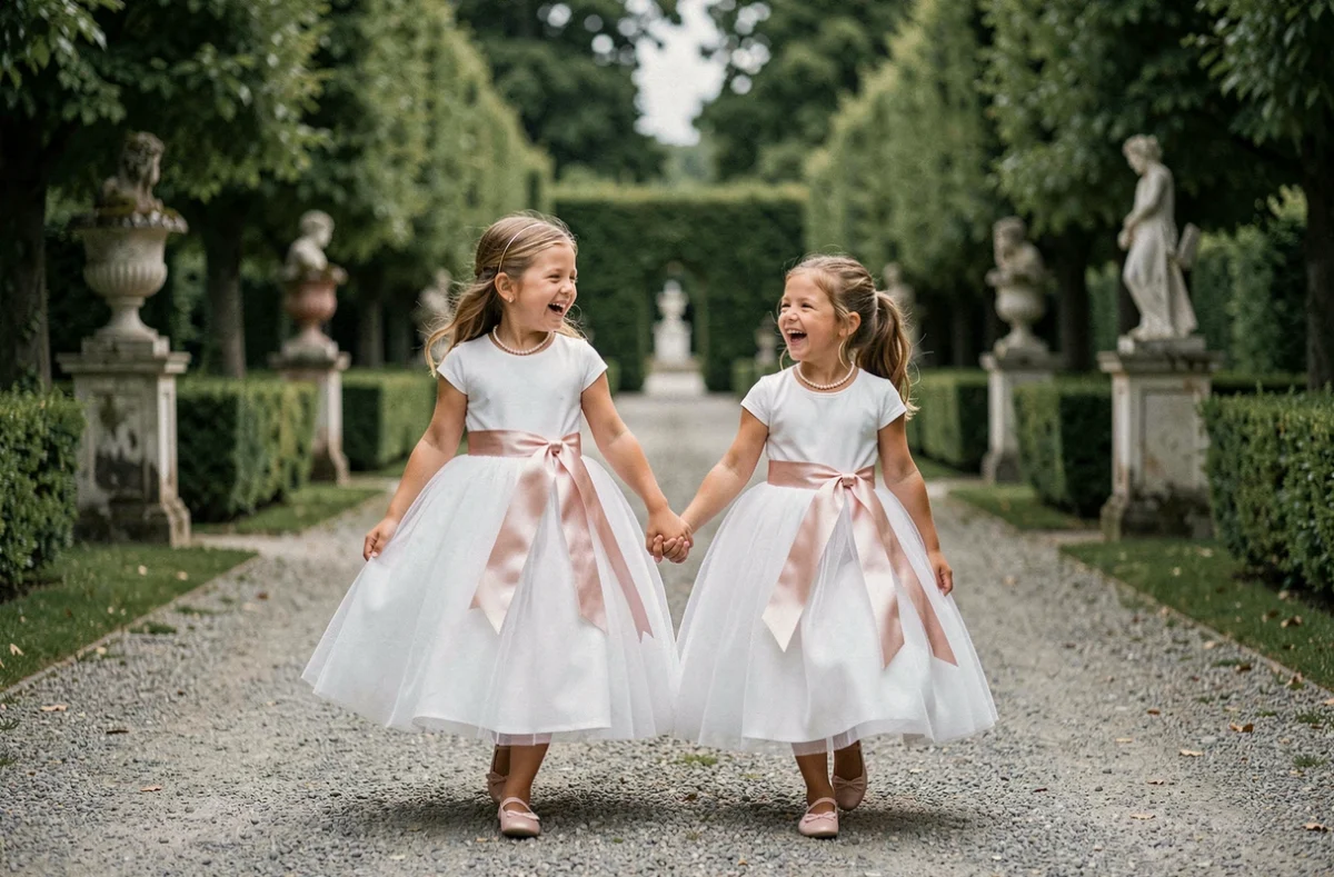 Deux fillettes en robes blanches de cérémonie avec ceintures satin rose et ballerines à nœud, marchant dans une allée de jardin de château français