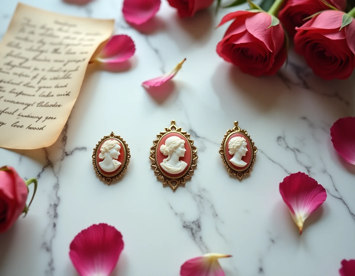Flat lay de trois bijoux camées anciens avec pétales de roses séchées et lettre d'amour manuscrite