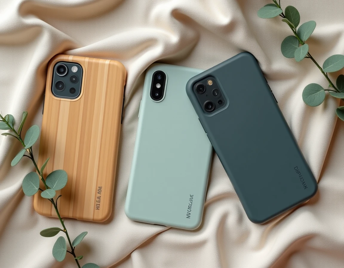 Flat-lay de trois coques téléphone écologiques en bambou, plastique recyclé océan et matière végétale compostable sur tissu de lin recyclé