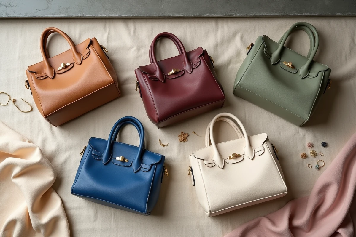 Flat lay de cinq sacs à main aux couleurs tendance et démodées sur fond lin, guide visuel des teintes sac tendance 2026 et erreurs à éviter