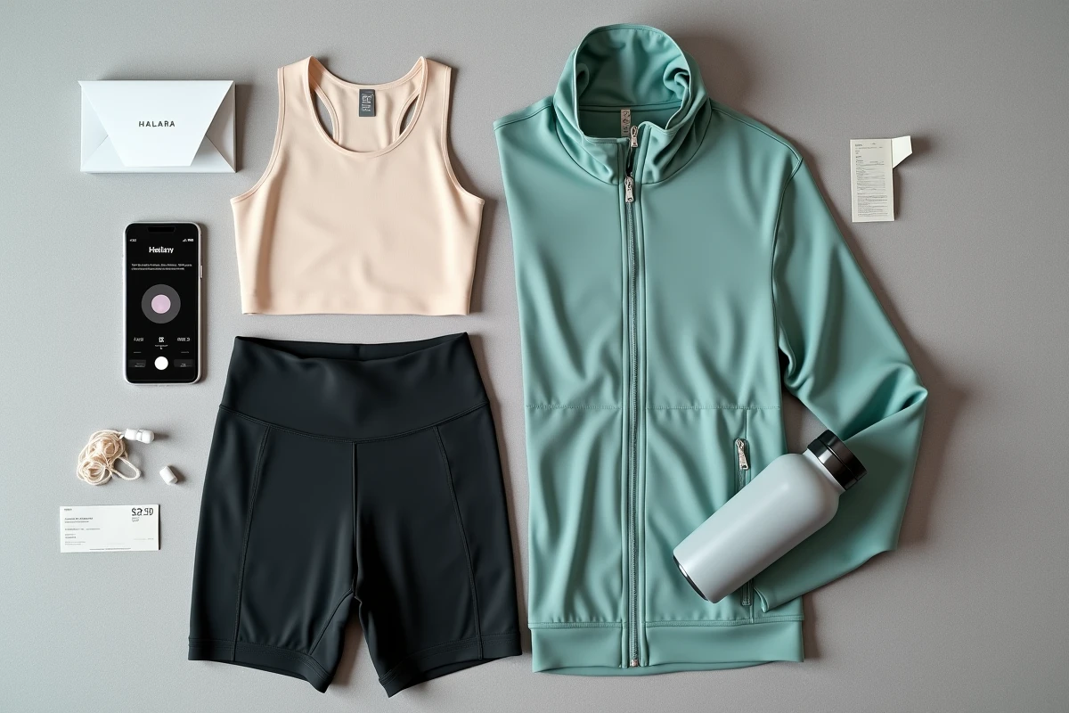 Flat lay de vêtements de sport style Halara sur lin gris clair avec smartphone et reçu, vue aérienne pour article comparatif