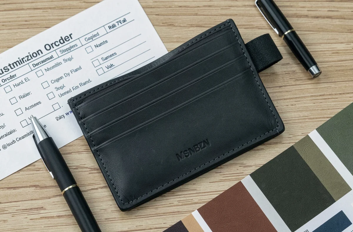 Vue aérienne d'un portefeuille en cuir personnalisé ouvert avec formulaire de commande et nuancier de couleurs