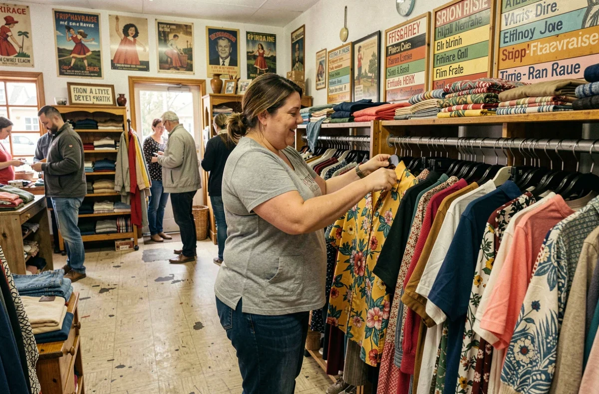 Cliente grande taille fouillant les vêtements de seconde main à la Frip'Havraise au Havre