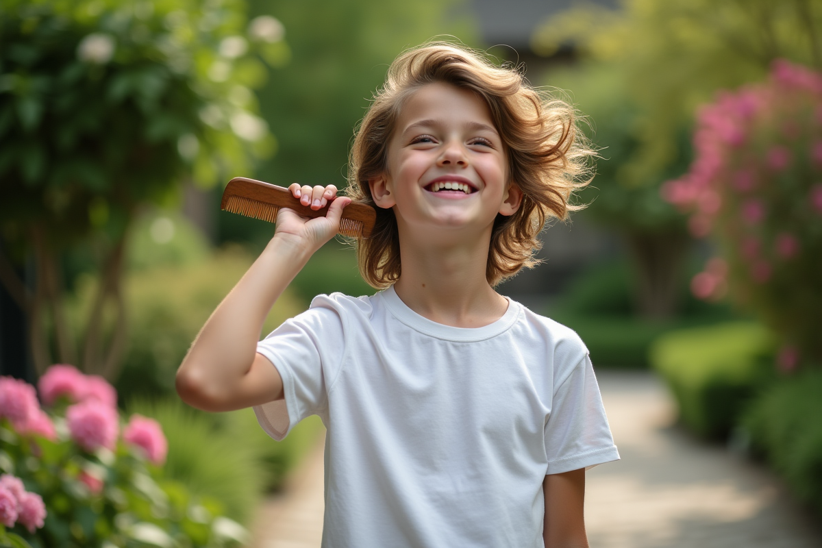 Adolescent souriant avec cheveux ondulés dans un jardin en plein air