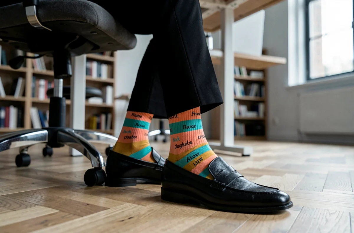 Gros plan sur des chaussettes rayées colorées et humoristiques portées avec un pantalon de tailleur noir et des derbies en cuir