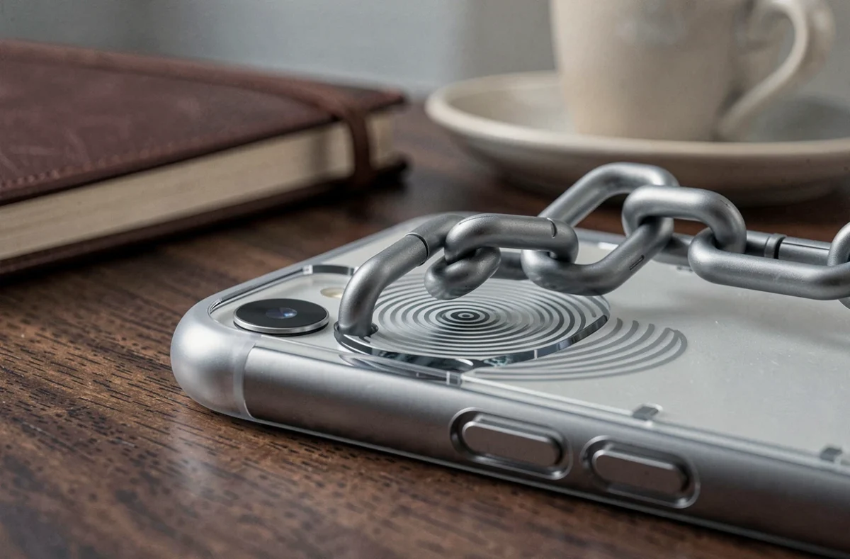 Gros plan sur la connexion magnétique d'une chaîne pour coque MagSafe sur bureau en bois
