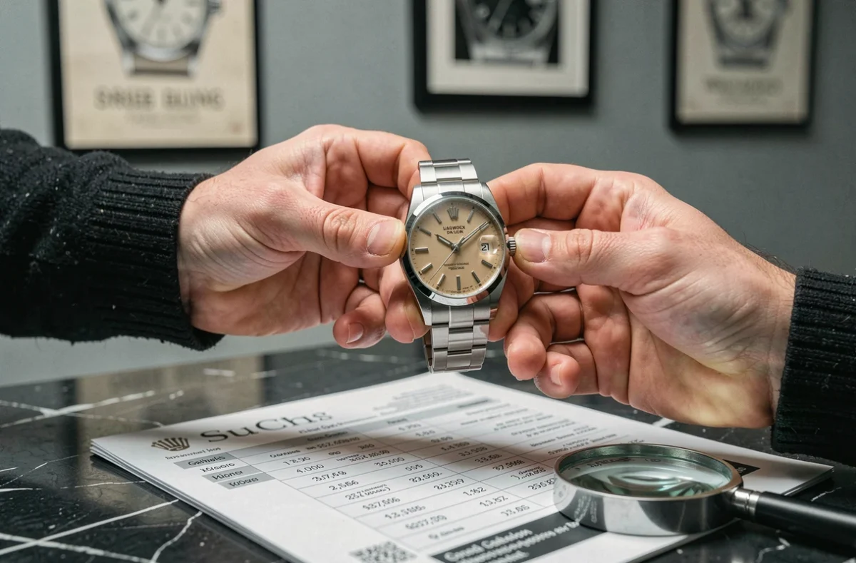 Gros plan de mains tenant une Rolex Datejust avec loupe et guide de prix suisse sur marbre
