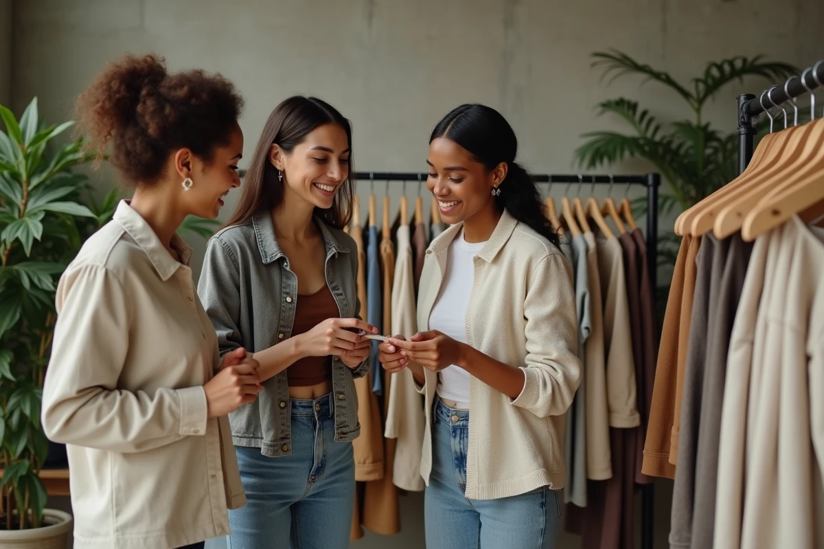 Trois amis découvrant des vêtements durables en boutique