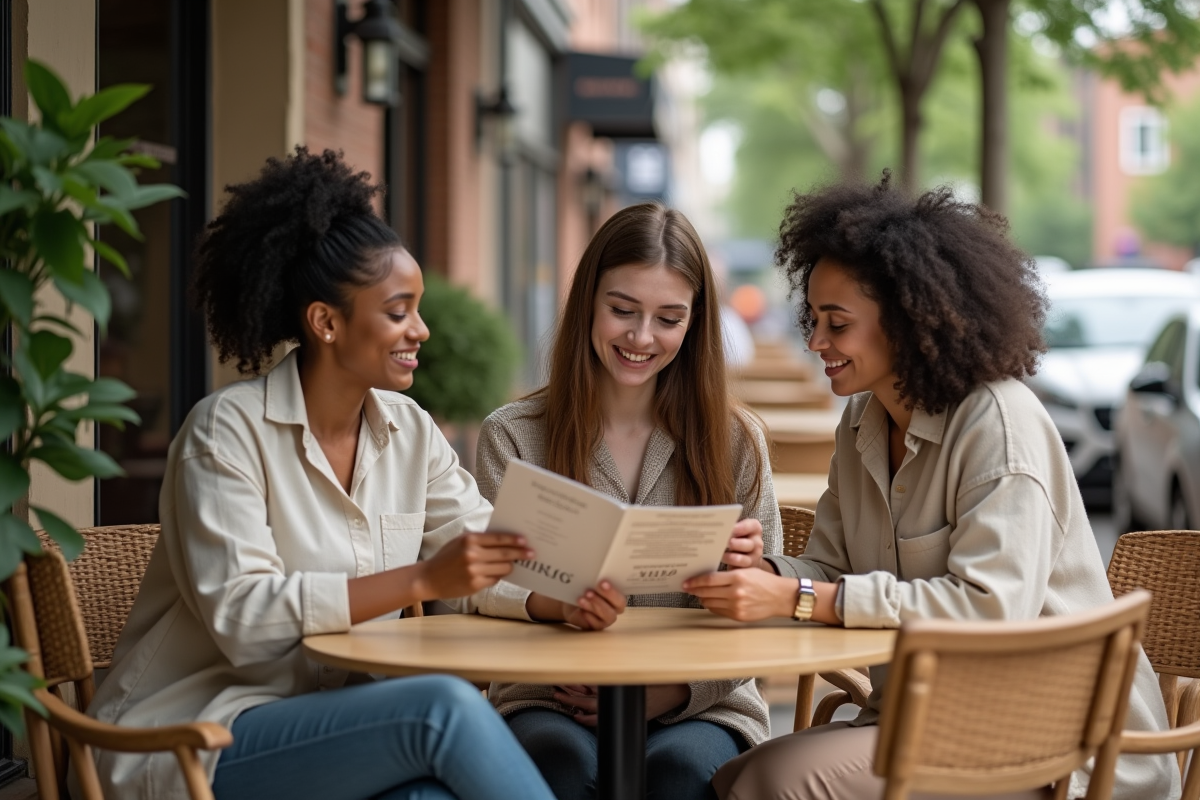 Groupe de trois personnes discutant en cafe bio