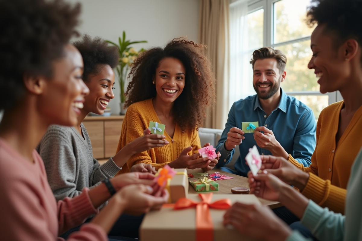Groupe diversifié échangeant des cartes cadeaux colorées dans un salon lumineux