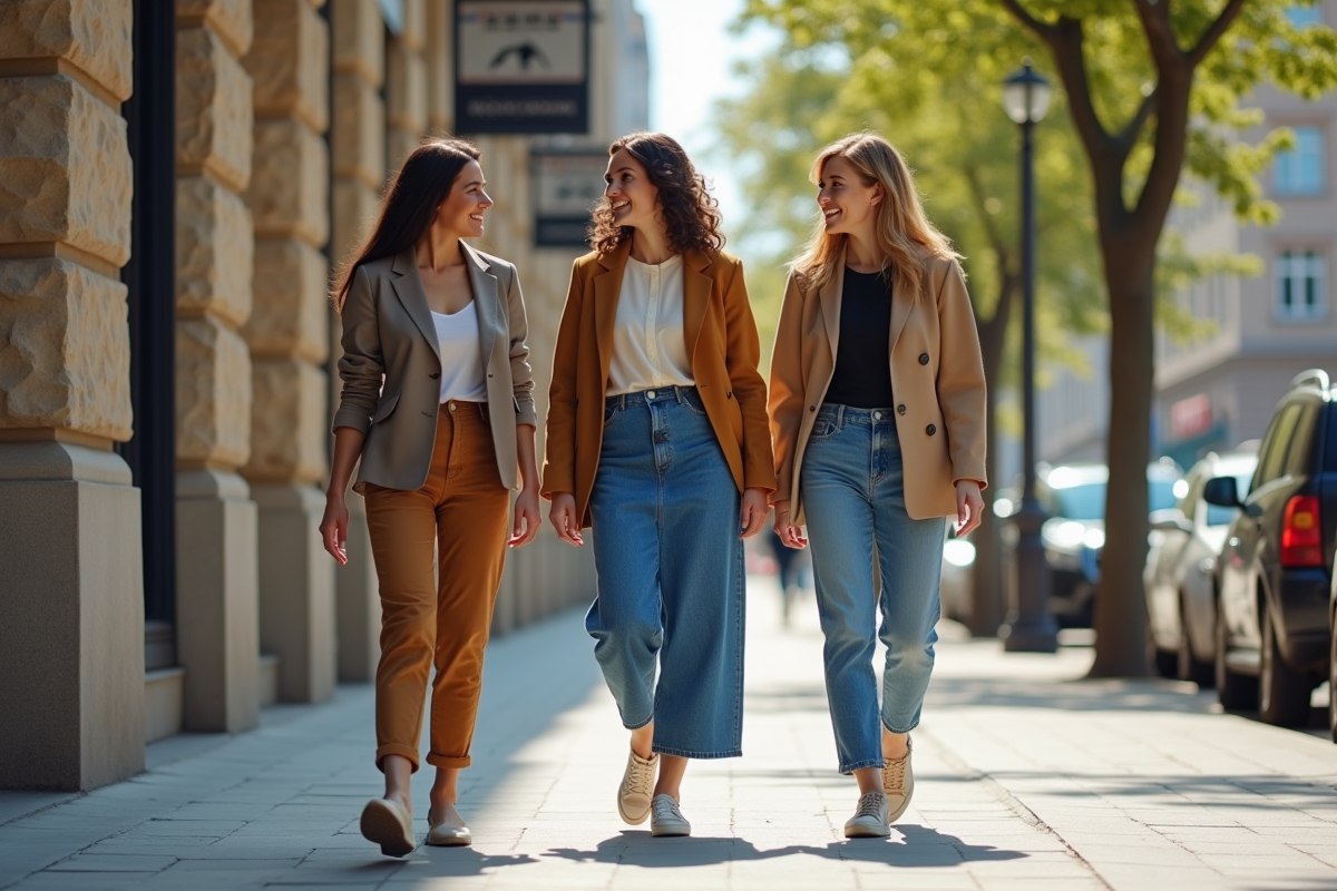 Trois jeunes femmes décontractées marchant en ville