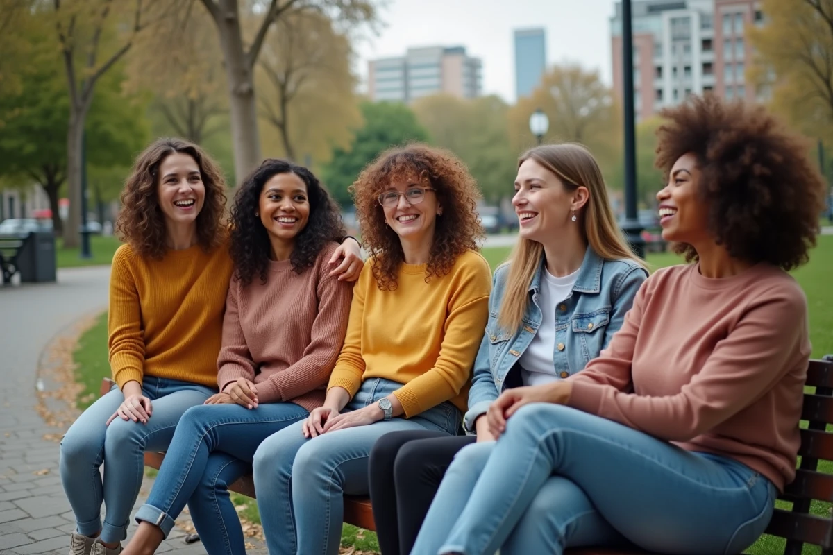 Groupe de femmes discutant sur un banc dans un parc urbain