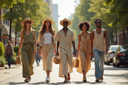 Groupe de personnes mode écologique en ville avec nature