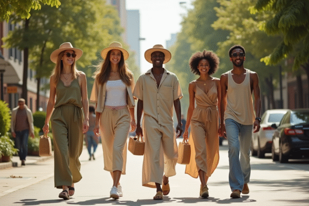 Groupe de personnes mode écologique en ville avec nature