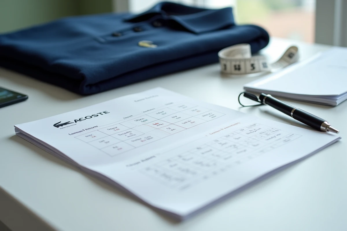 Guide des tailles Lacoste ouvert à côté d'un polo et d'un mètre ruban sur un bureau blanc