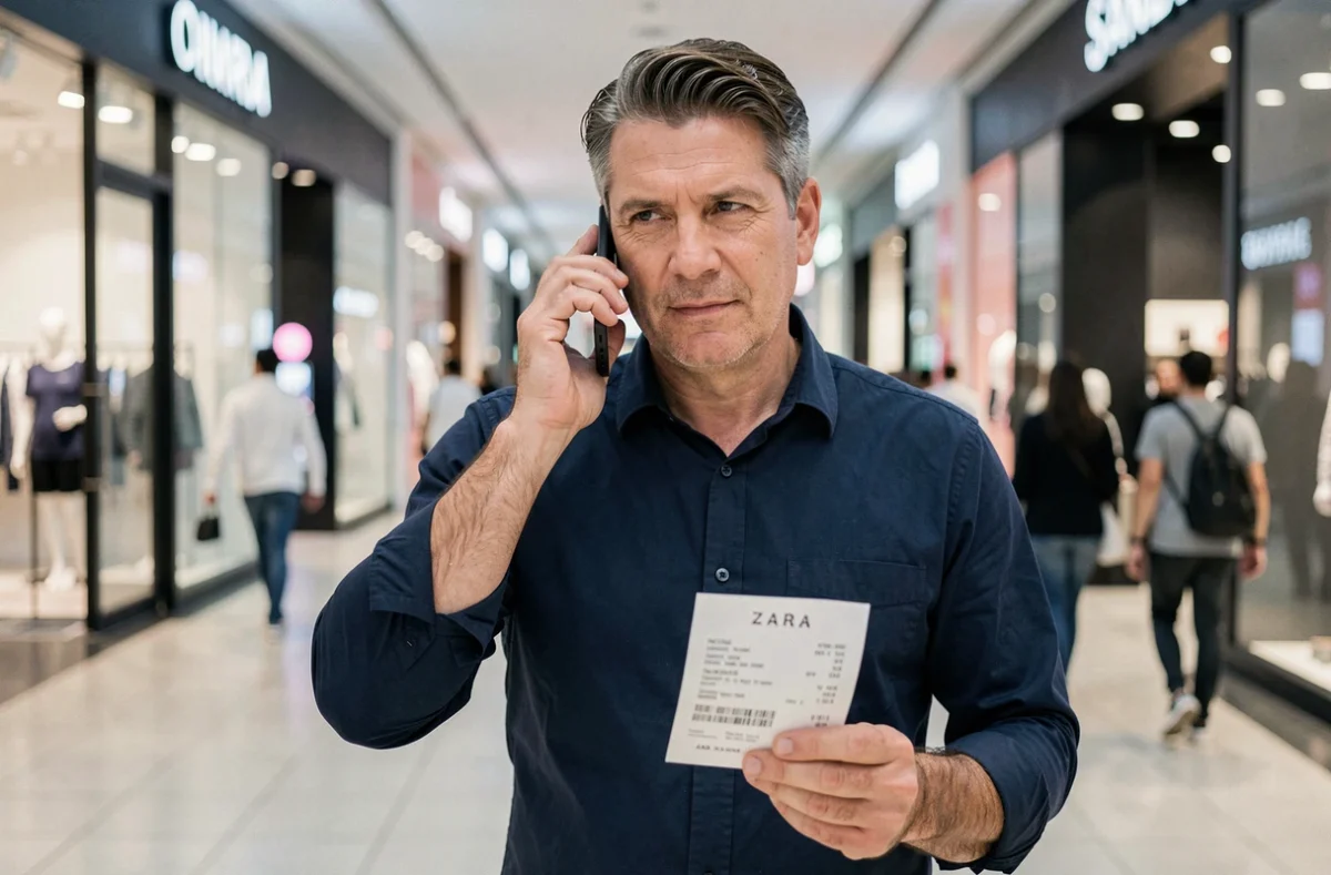 Homme appelant le service client Zara dans un centre commercial en tenant un reçu d'achat