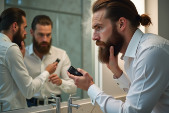 Homme en train de tailler sa barbe dans la salle de bain