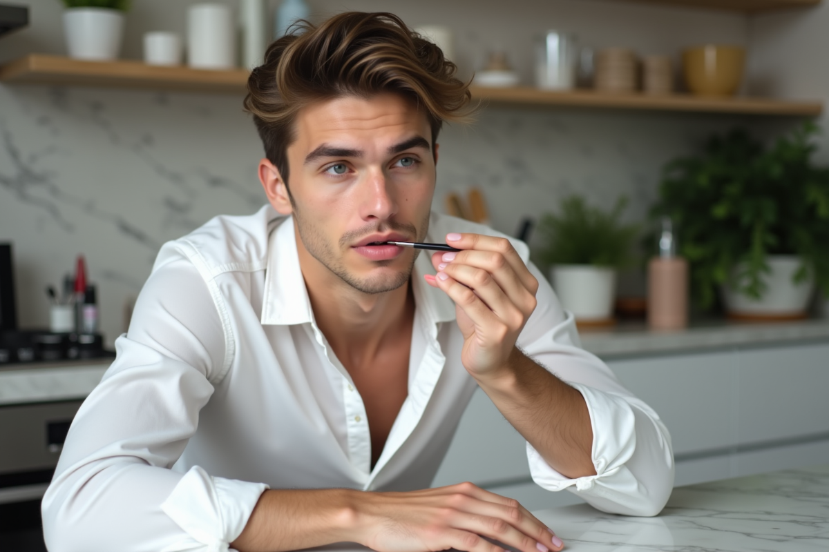 Jeune homme appliquant du gloss sur ses lèvres dans une cuisine cosy