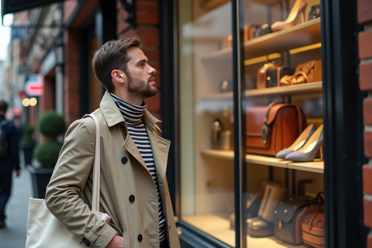 Homme examinant des sacs et bijoux dans une boutique chic
