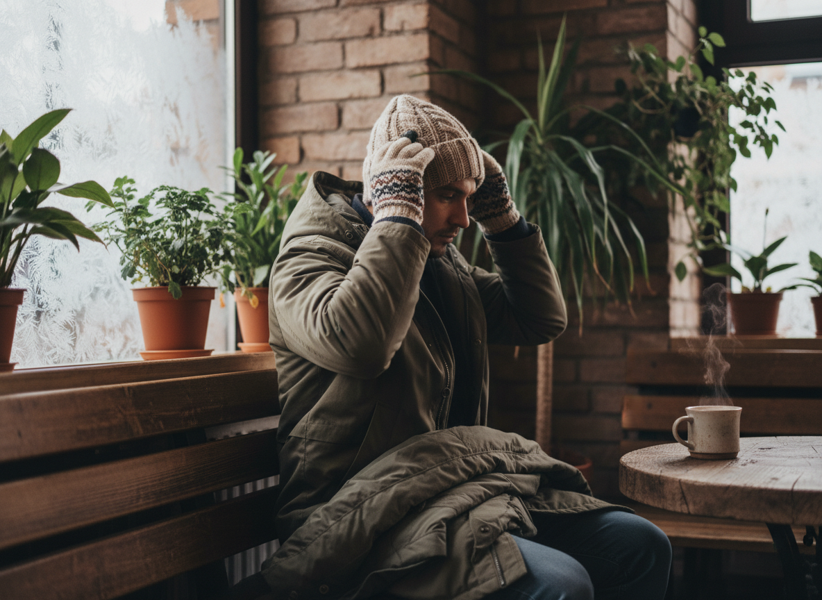 Homme assis dans un café avec bonnet et gants chauds