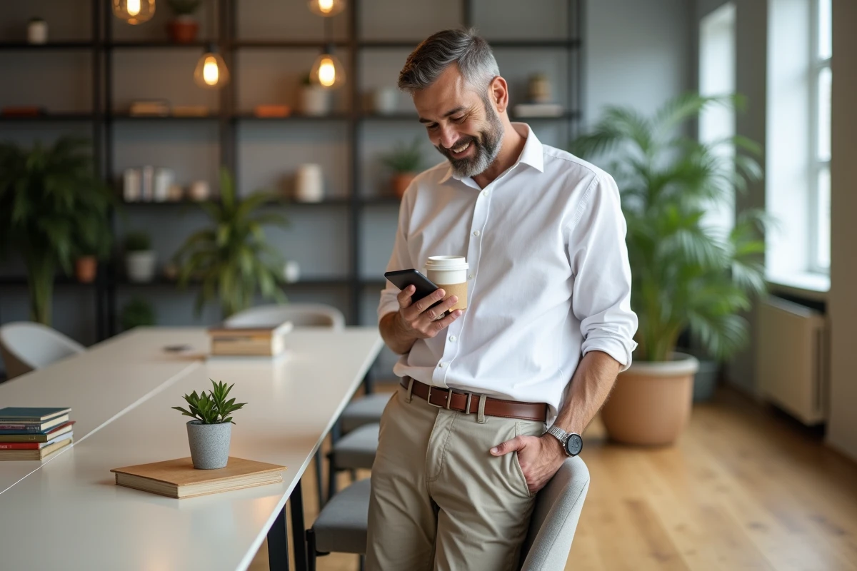 Homme détendu avec café dans un espace coworking convivial