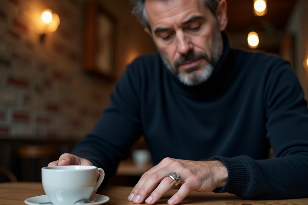 Homme d'une quarantaine d'années portant une chevalière en argent massif à l'auriculaire dans un café urbain, style éditorial