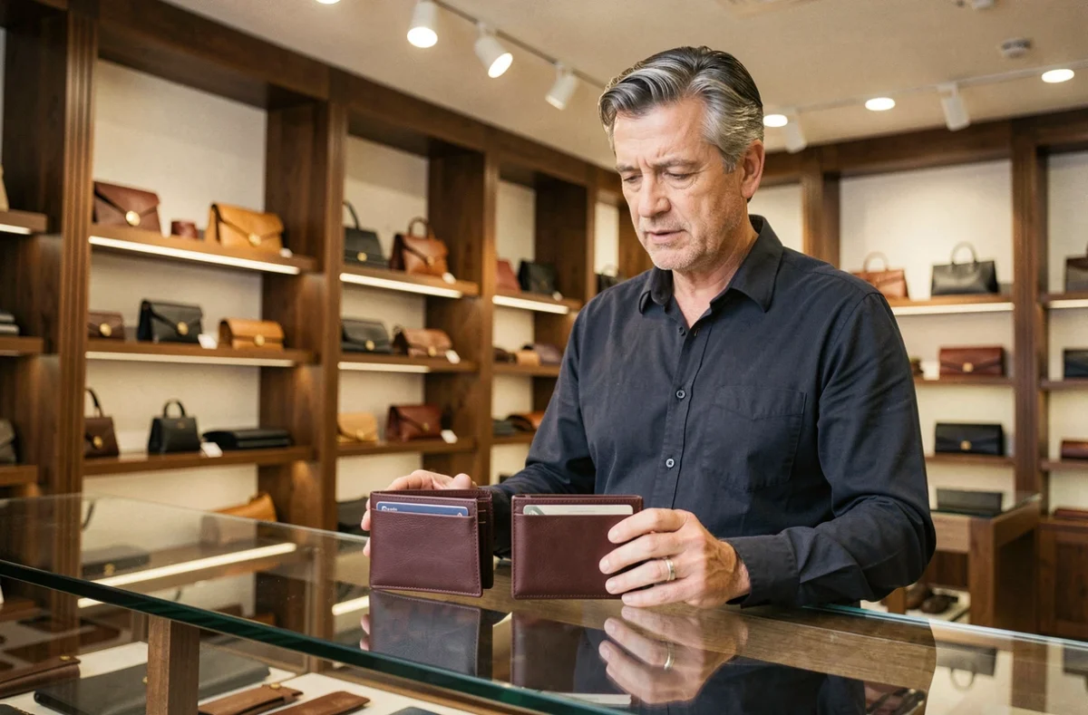 Homme comparant deux modèles de portefeuilles en cuir dans une boutique spécialisée avant personnalisation