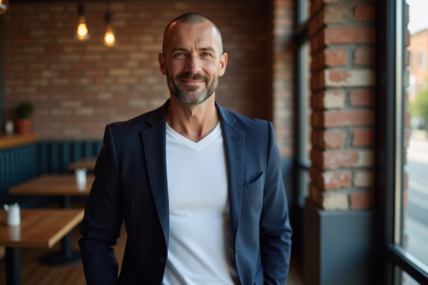 Homme confiant en blazer dans un café urbain