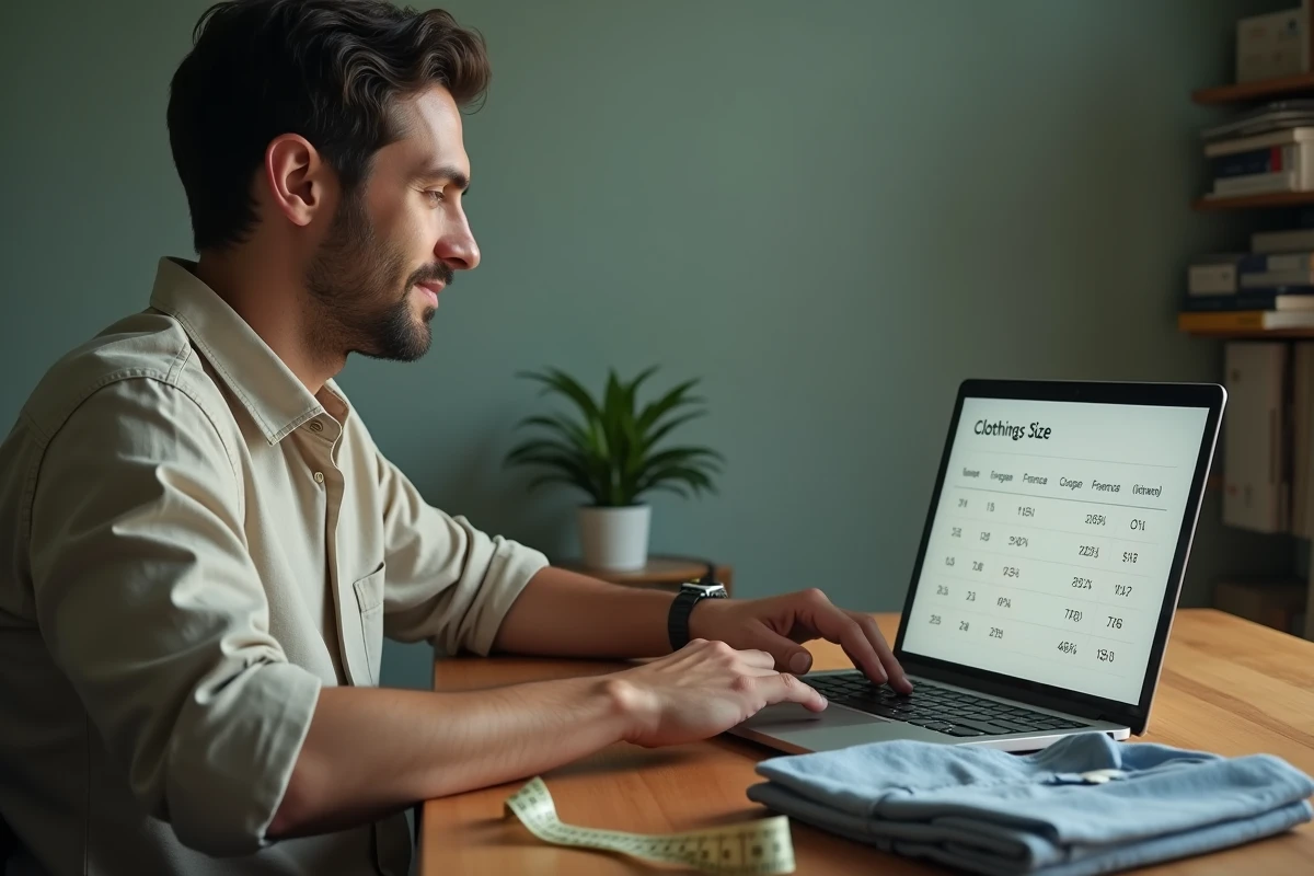 Homme consultant un tableau de conversion de tailles vestimentaires sur un ordinateur portable avec un mètre ruban sur un bureau en bois