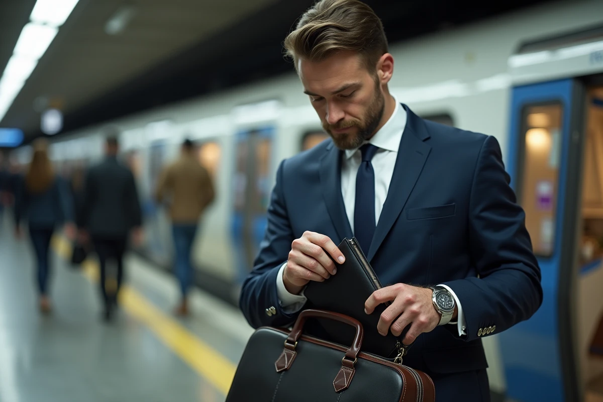 Homme en costume marine glissant une pochette cuir slim dans son sac de travail dans une station de métro