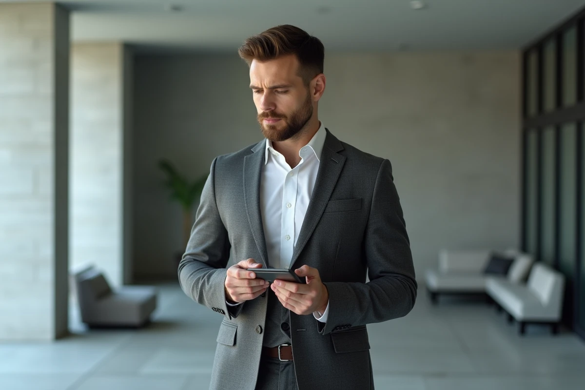 Homme en costume charbon tenant un porte-carte en métal brossé dans un bureau minimaliste moderne, accessoire masculin élégant