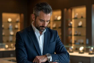 Homme en costume navy examinant une Rolex Submariner en acier dans une boutique de montres de luxe