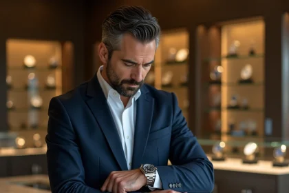Homme en costume navy examinant une Rolex Submariner en acier dans une boutique de montres de luxe