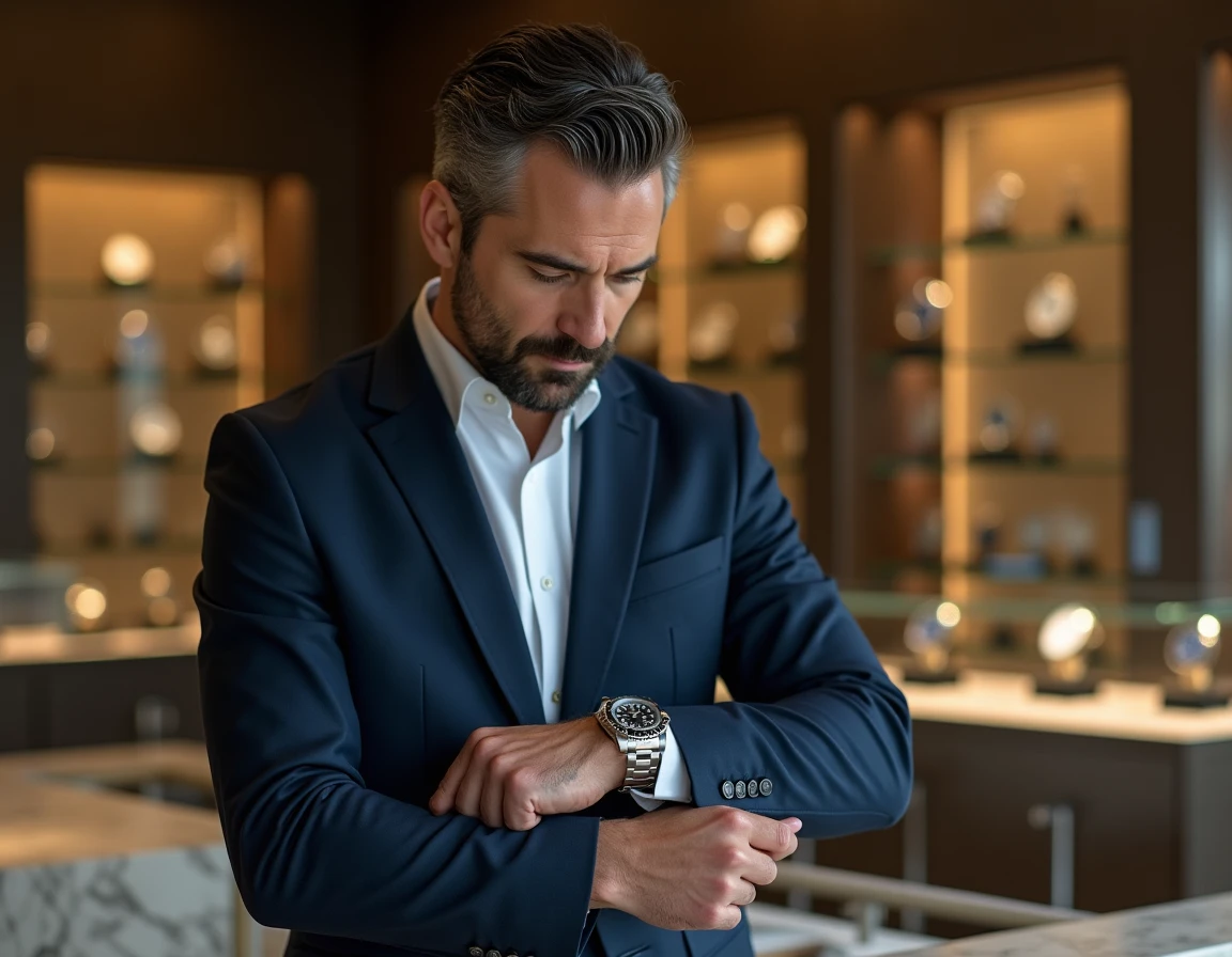 Homme en costume navy examinant une Rolex Submariner en acier dans une boutique de montres de luxe