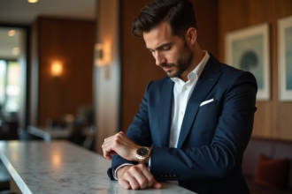 Homme en costume ajustant sa montre élégante dans un salon moderne