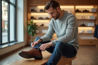 Homme essayant une chaussure Oxford marron dans une boutique de chaussures moderne pour trouver la bonne pointure UK