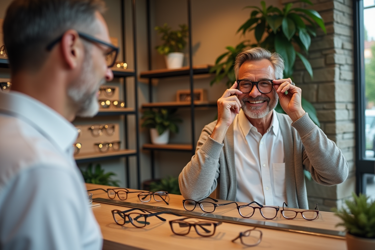 Homme essayant des lunettes dans une boutique optique