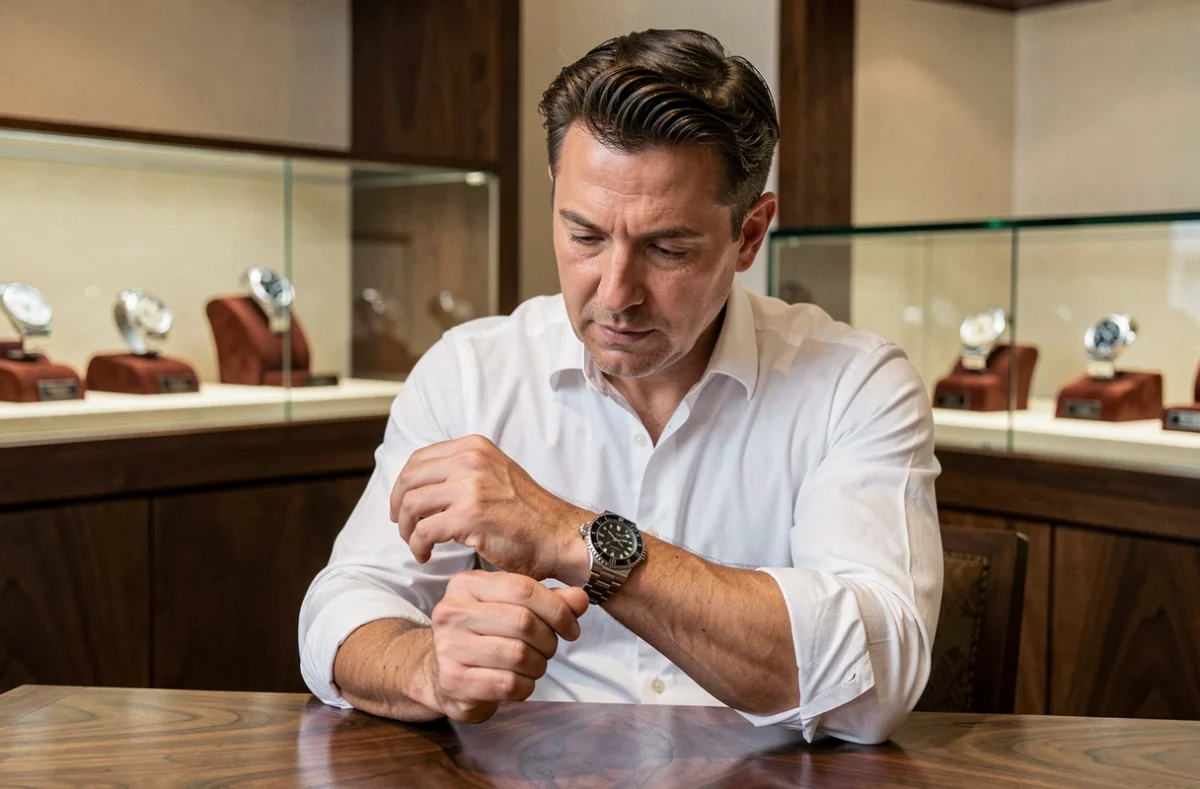 Homme analysant une montre Rolex Submariner en acier dans une boutique horlogère suisse
