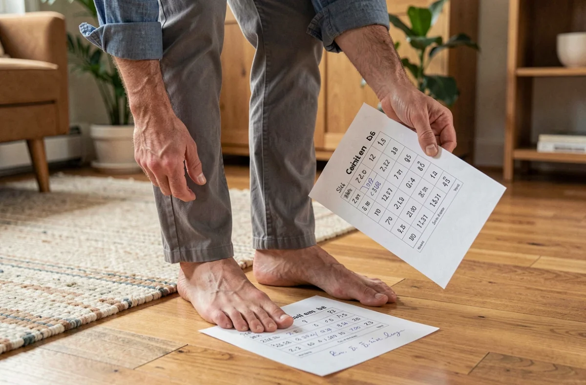 Homme mesurant la largeur de ses pieds chez lui à l'aide d'un tableau de correspondance de pointures posé sur le sol
