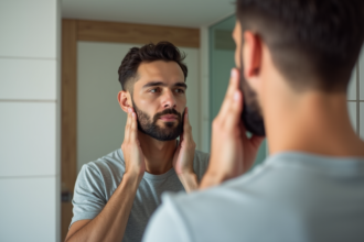 Homme en t-shirt gris regardant son visage dans un miroir moderne