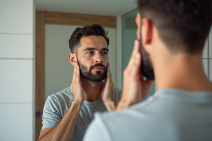 Homme en t-shirt gris regardant son visage dans un miroir moderne