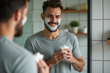 Homme en train de raser dans la salle de bain