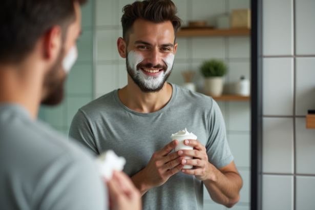 Homme en train de raser dans la salle de bain