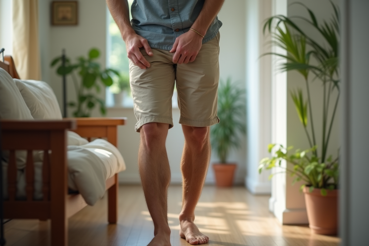 Homme regarde une petite tache rouge sur sa jambe après rasage