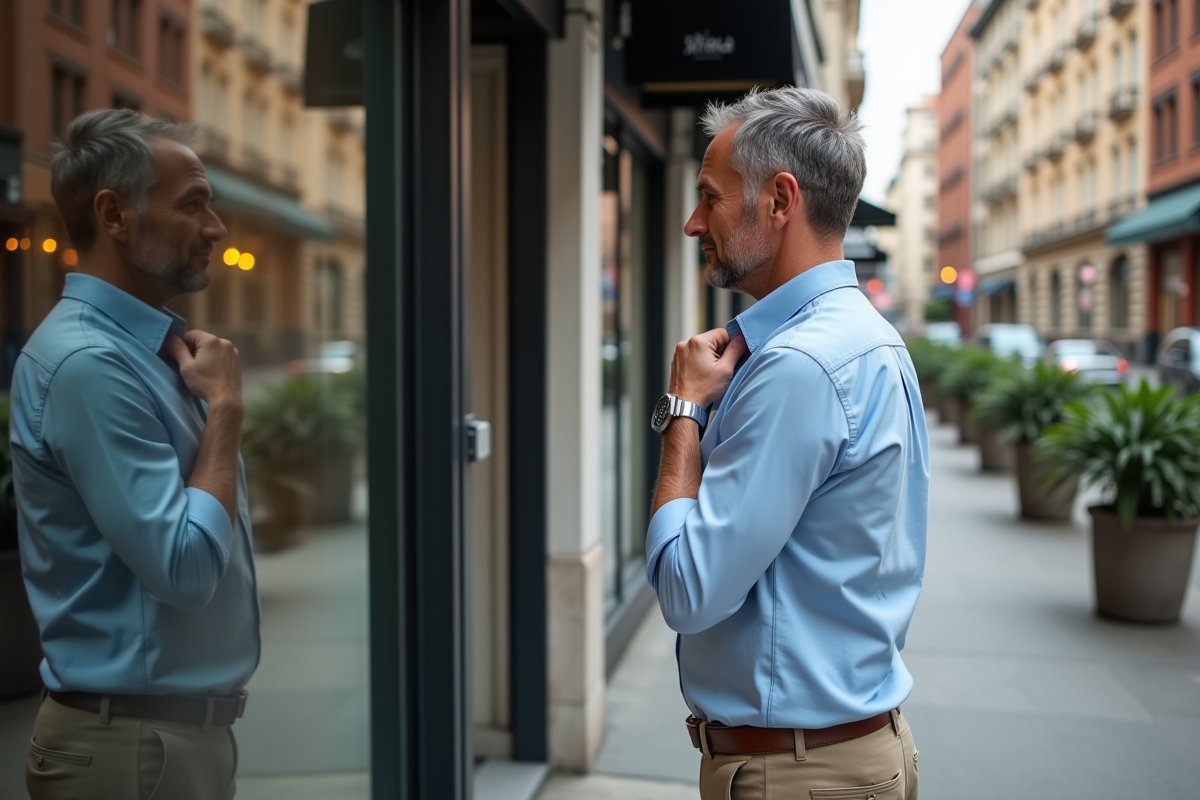Homme regardant sa reflection dans une vitrine urbaine