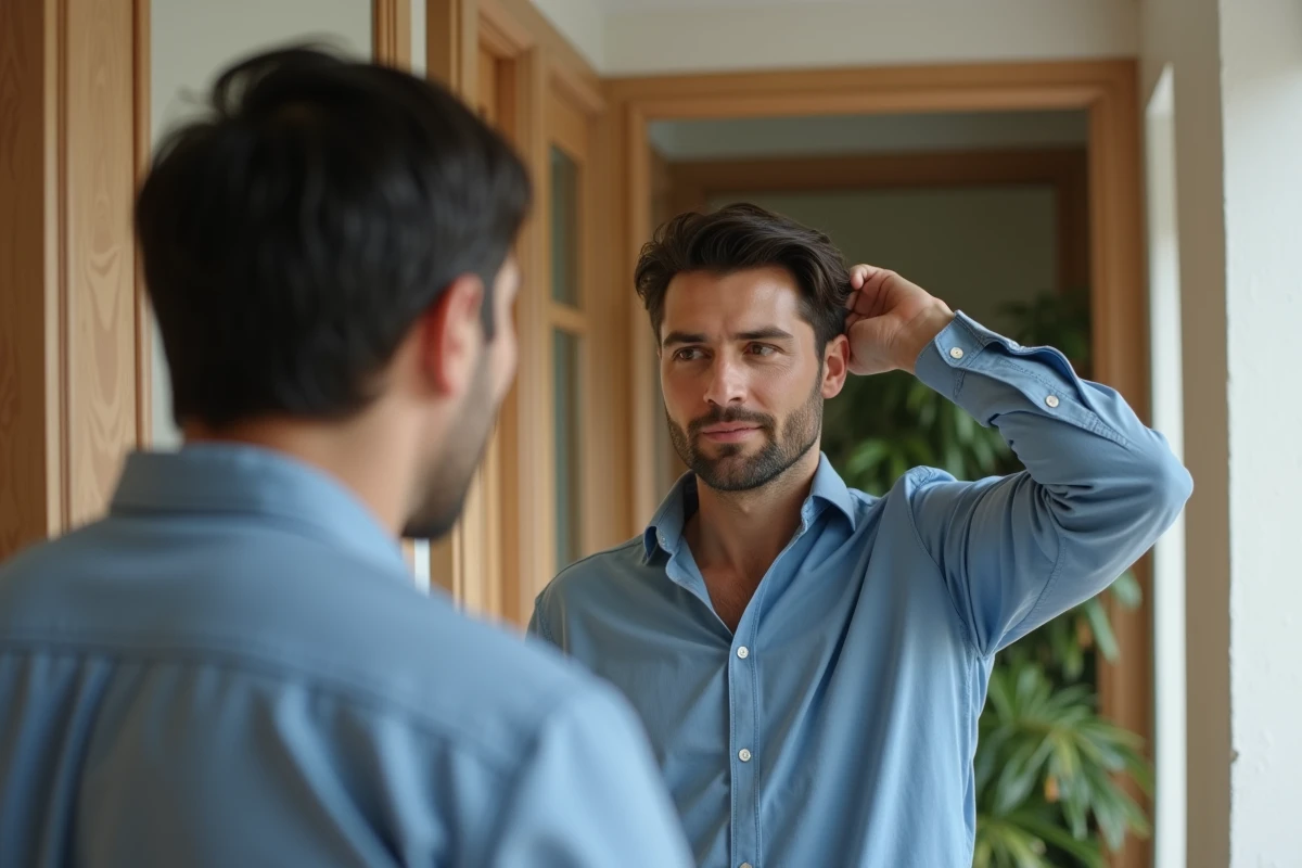Homme regardant ses cheveux dans un miroir lumineux