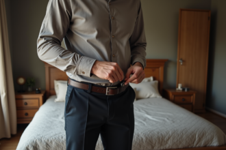 Homme d'âge moyen ajustant sa ceinture en cuir dans une chambre chaleureuse